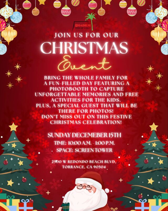 🎅🎄 Celebrate the Season with Us at Our Christmas Event! 🎄🎅. 📸Capture memories at a photobooth
🎨 Free activities for the kids
🎅 A special guest ready for photos!  Don’t miss this festive day packed with holiday cheer. We can’t wait to see you there! #theroadium #roadium #openairmarket #open #shop #shopsmall #shoplocal #holiday