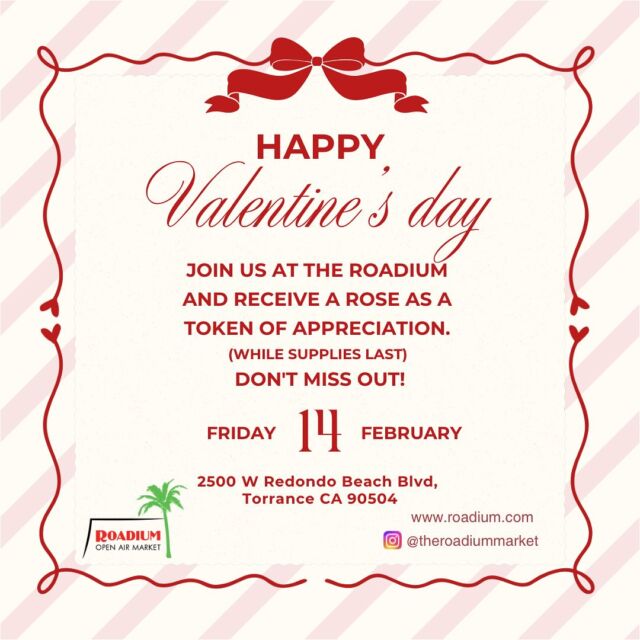 This Valentine’s Friday, February 14, visit The Roadium and receive a complimentary rose with your visit! Take home a little love while shopping amazing deals. Don’t miss out! 🌹 #theroadium #roadium #openairmarket #shopsmall #shoplocal #supportsmallbusiness