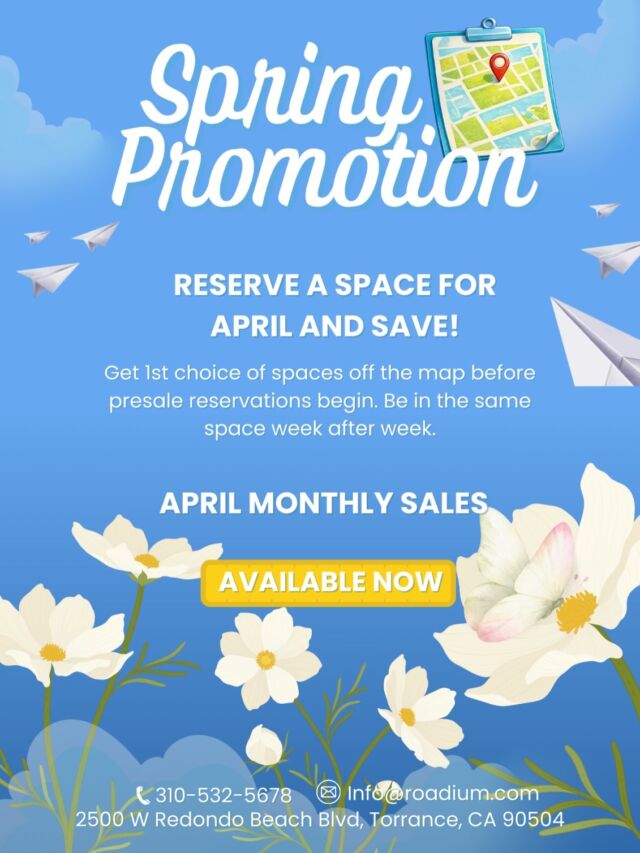 Pre-sale for April spaces is now open!
Reserve your spot now and secure one of the best locations inside the Roadium.

The best spots go fast, so don’t miss your chance.

📩 Message us for more information and reservations.
📍 The Roadium | April 2026