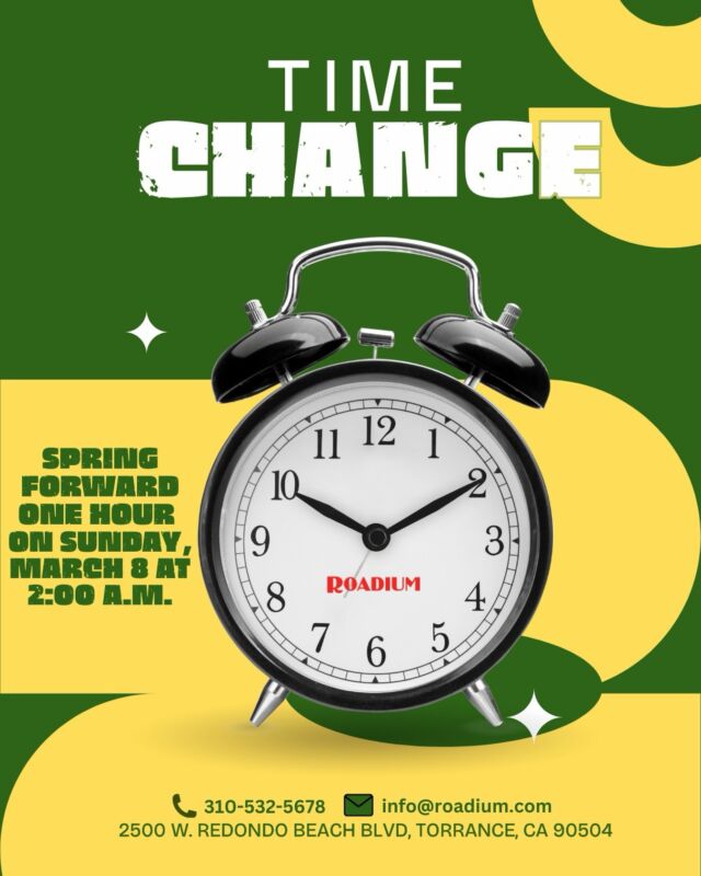 ⏰ Don’t forget to spring forward!

This Sunday, March 8 at 2 A.M. the clocks move one hour ahead.

Set your clocks ahead and start your morning at the Roadium Open Air Market 🛍️🍴

We’re open 7AM – 3PM, Monday to Sunday.