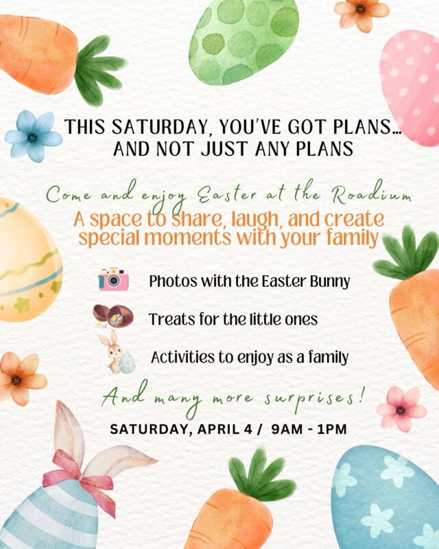 PLAN GRATIS ESTE SÁBADO🌟 

si no sabes que hacer este sábado 4 de abril, te invitamos a que nos visites en el Roadiuam y vivas Pascua junto a nosotros✨ 

Fotos con el conejito de Pascua, dulces, actividades y premios, el plan perfecto para venir en familia o con amigos 🐇🧺