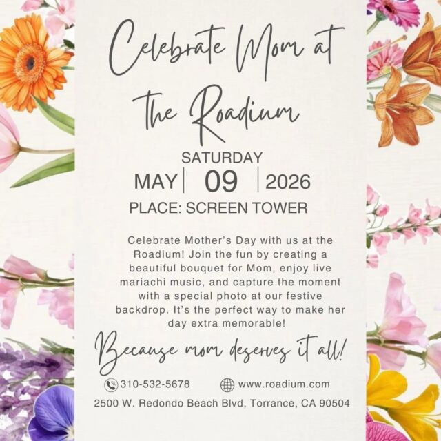 Celebremos a mamá como se merece ✨🌸
Este sábado 09 de mayo te esperamos en el Roadium para un evento muy especial lleno de amor, sorpresas y momentos inolvidables 💖
Ven a disfrutar, compartir y consentir a la reina de la casa 👑
¡No te lo puedes perder!

Let’s celebrate Mom the way she deserves ✨🌸
Join us this Saturday, May 9th at the Roadium for a very special event filled with love, surprises, and unforgettable moments 💖
Come enjoy, share, and spoil the queen of the house 👑
You don’t want to miss it!